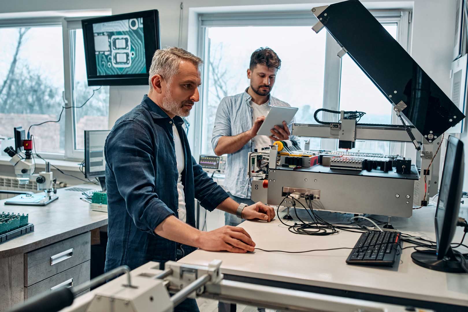 Two workers engineering at desk